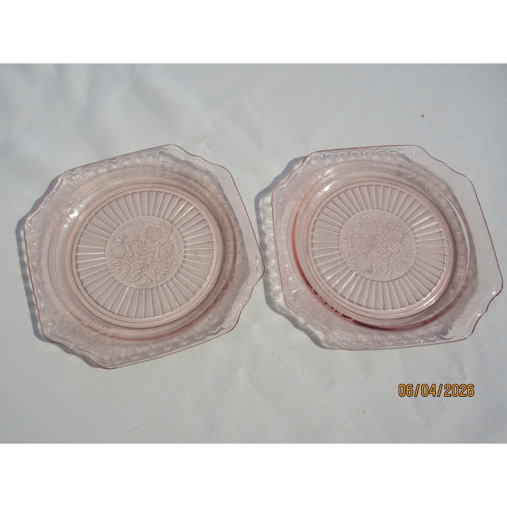 Jeanette Glass Pink Depression Glass Cherry Blossom Square 2 Plates Vintage